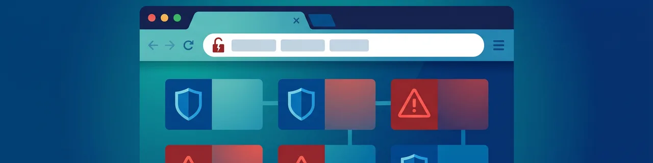 Ein Browser-Fenster mit aufgebrochenem Schloss, teils sichere, teils unsichere Elemente