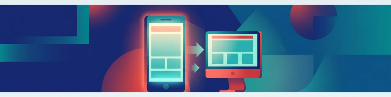 Smartphone mit Layout, Pfeile zeigen auf größeren Desktop-Bildschirm
