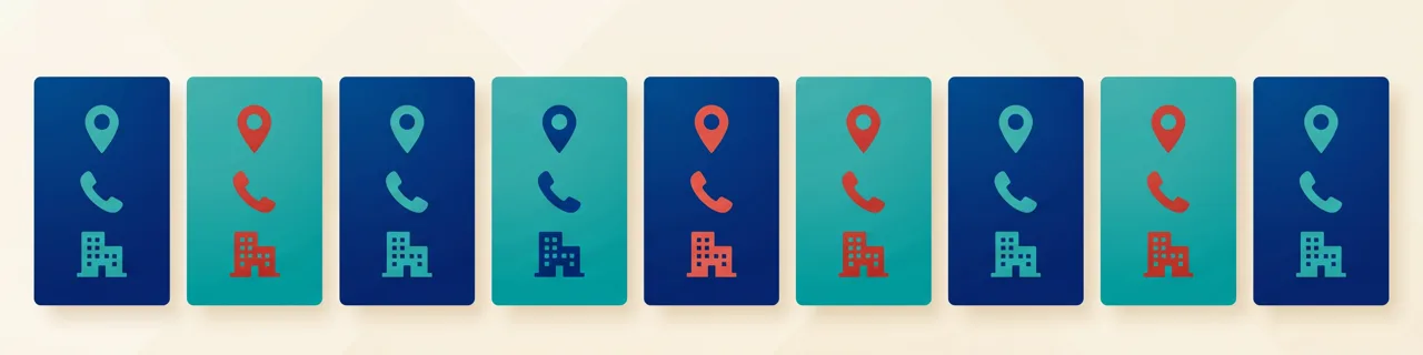 Mehrere gleiche Kontaktkarten mit Nadel-, Telefon- und Gebäude-Symbol in einer Reihe