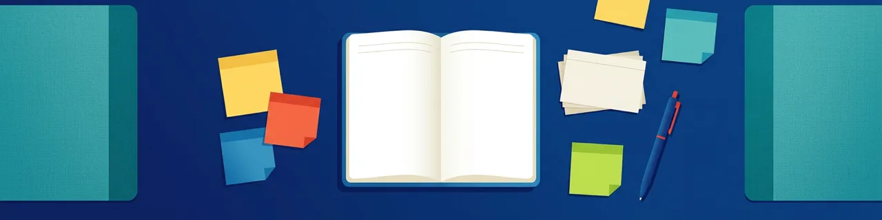 Schreibtisch von oben mit Notizbuch, Karteikarten und Klebezetteln in Blau, Türkis und Rot