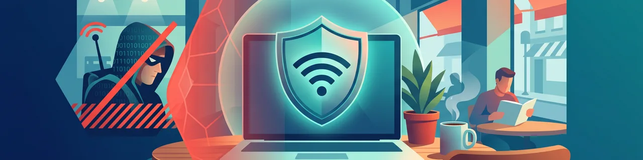 Ein Laptop mit WLAN-Schild im Café, ein Lauscher wird abgeblockt