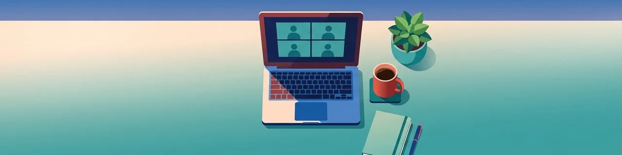 Schreibtisch von oben mit Laptop, auf dessen Bildschirm vier Video-Kacheln eines Remote-Teams zu sehen sind, daneben Kaffeetasse, Notizblock und Pflanze
