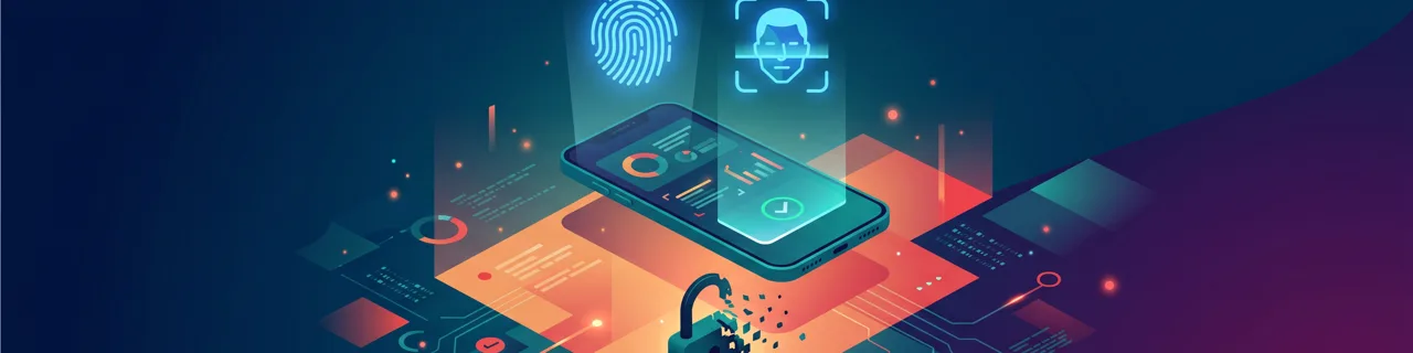Fingerabdruck- und Gesichts-Symbol schweben über einem Smartphone und ersetzen ein Schloss
