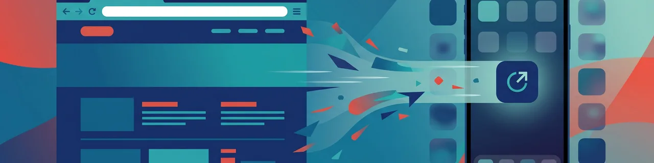 Ein Browser-Fenster verwandelt sich in ein App-Icon auf einem Smartphone