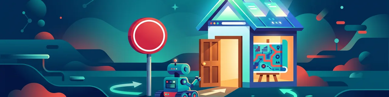 Roboter am Stoppschild vor offenem Haus mit Karte auf der Staffelei