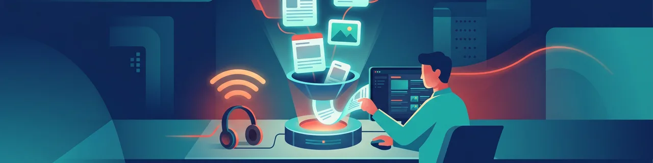 Person am Schreibtisch leitet Dokumente und Bilder durch einen leuchtenden Trichter, daneben Kopfhörer und WLAN-Symbol