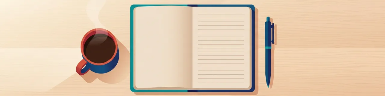 Leeres aufgeschlagenes Notizbuch mit Stift und Kaffeetasse auf hellem Schreibtisch von oben als Symbol für den Schreibanfang