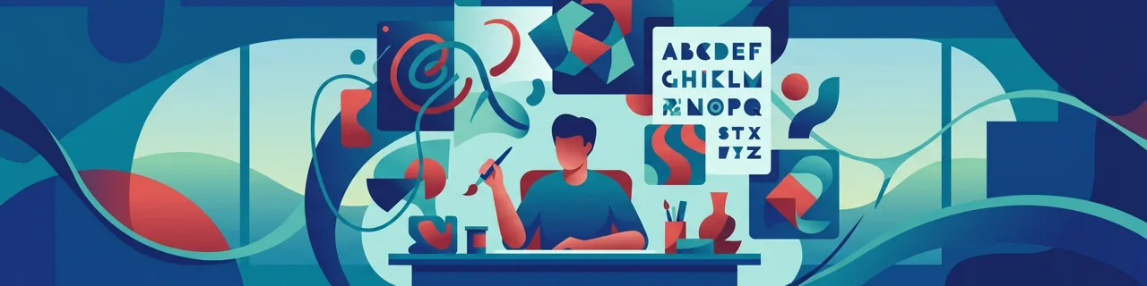 Person am Tisch mit Pinsel, umgeben von abstrakten Formen und Buchstaben-Tafeln des Alphabets