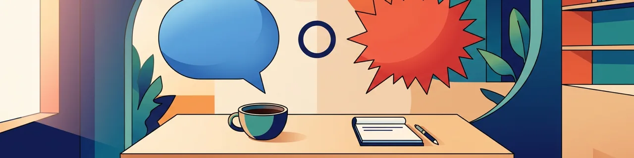 Flache Illustration zweier gegensätzlicher Sprechblasen über einem Tisch, blau ruhig und rot gezackt