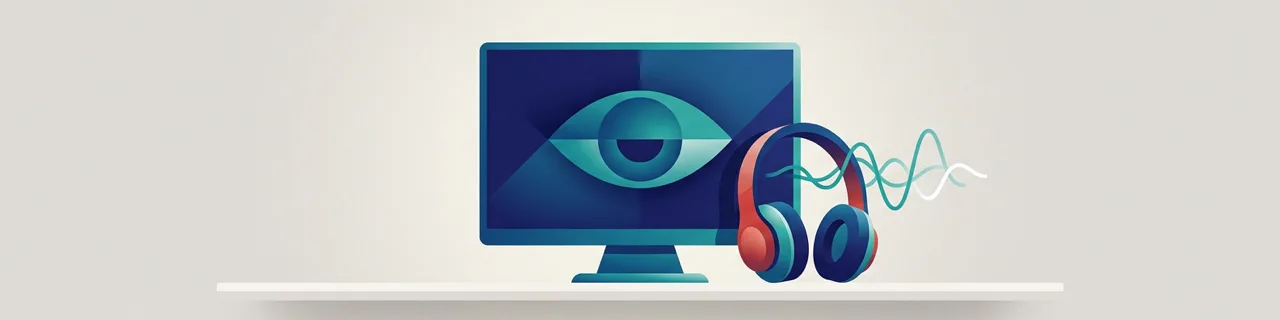 Ein Bildschirm mit geschlossenem Auge und Kopfhörer mit Schallwellen als Symbol für den eigenen Screenreader-Test
