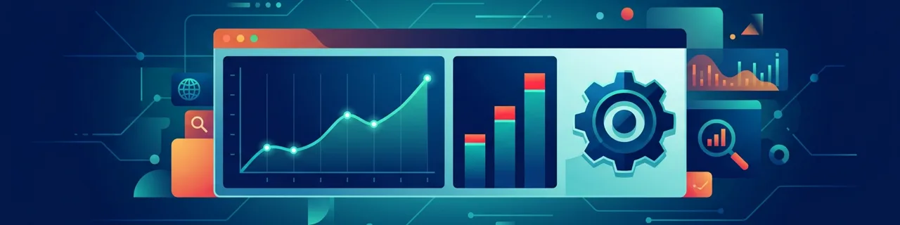 Dashboard mit steigender Kurve, Balkendiagramm und Zahnrad