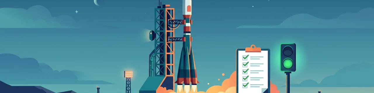 Rakete auf der Startrampe, ein Klemmbrett mit Haken und eine grüne Ampel daneben