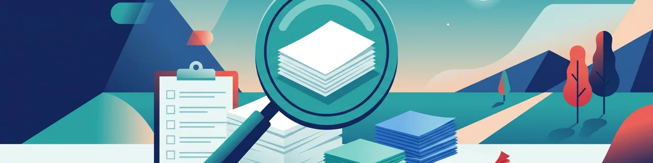 Lupe über einem Stapel Seiten, die in Stapel sortiert werden, daneben eine Checkliste