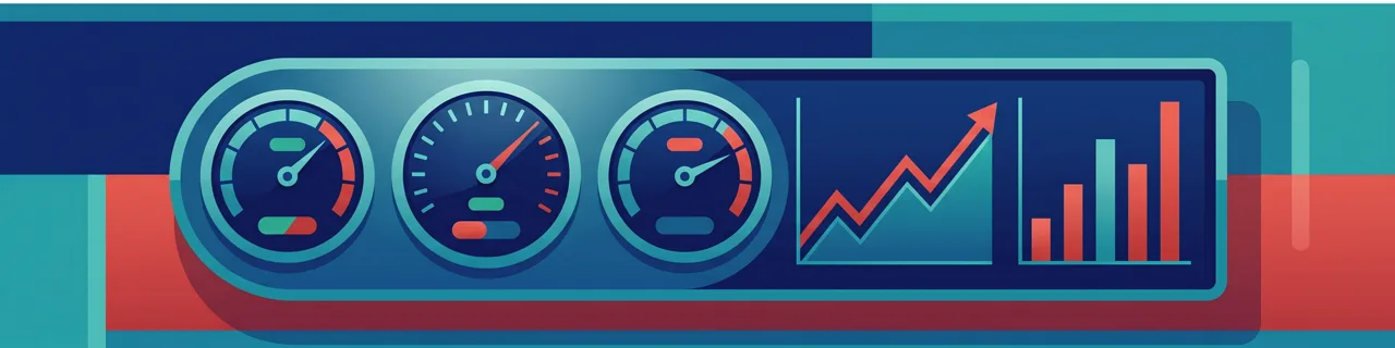 Dashboard mit runden Anzeigen und steigendem Linien- und Balkendiagramm