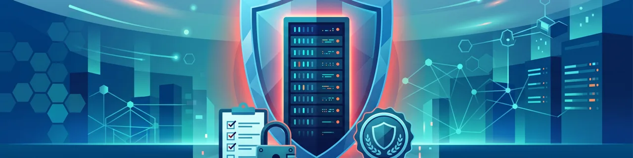 Server hinter einem Schutzschild mit Checkliste, Vorhängeschloss und Gütesiegel