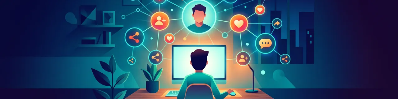 Person von hinten vor Monitor mit vernetzten Profil-, Herz- und Teilen-Symbolen über Social-Media-Verbindungen