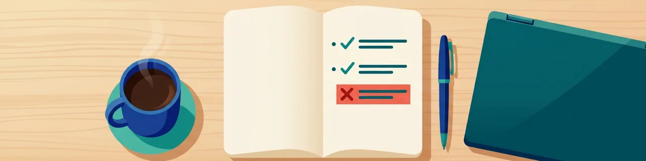 Aufgeschlagenes Notizbuch mit drei abgehakten Zeilen und einer rot markierten auf einem Schreibtisch als Sinnbild für ein knappes Status-Update