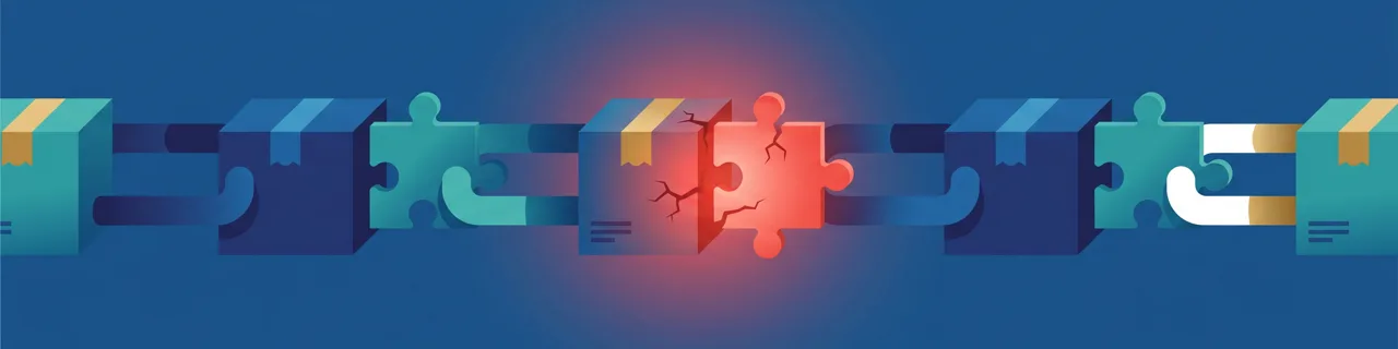 Kette aus Paketen und Puzzleteilen mit einem rot leuchtenden kompromittierten Glied