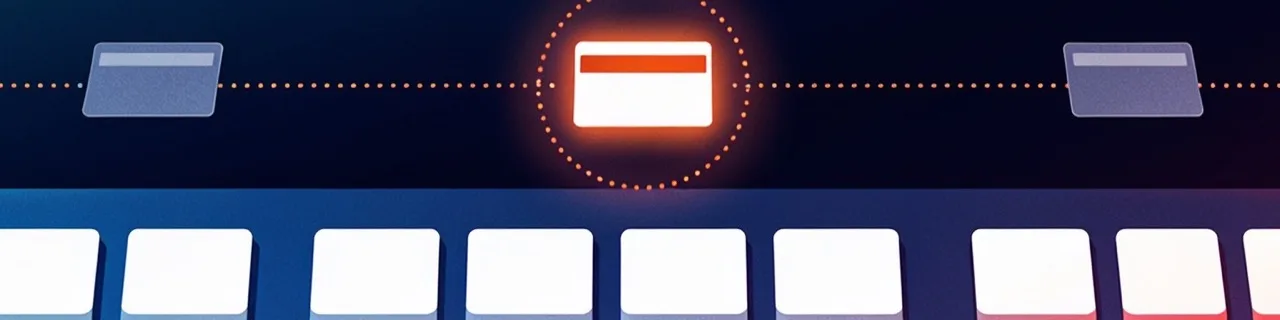 Eine Tastatur mit hervorgehobener Taste und einem Fokus-Pfad zwischen Elementen