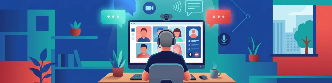 Person mit Headset von hinten vor Bildschirm mit Video-Meeting-Teilnehmern und Chat-Sprechblasen
