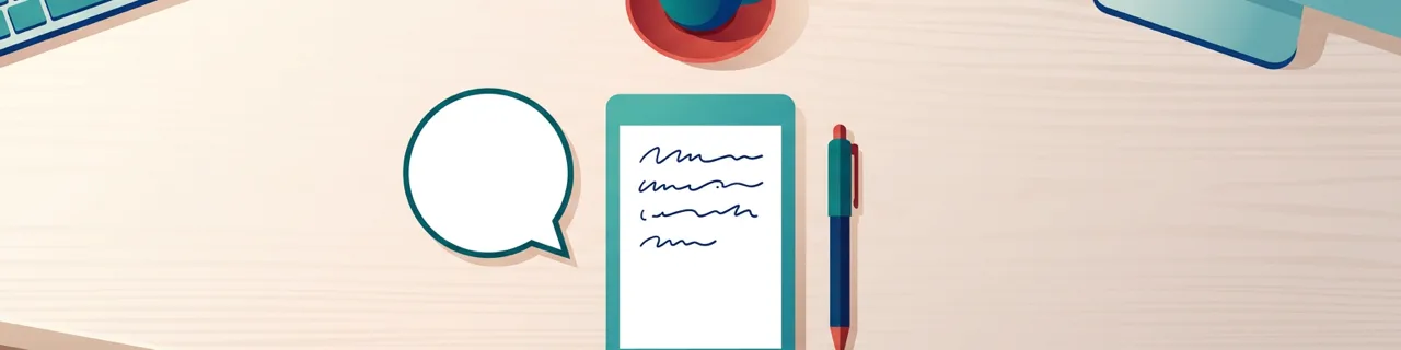 Schreibtisch von oben mit Notizblock, Stift und einer leeren Sprechblase als Symbol für den Tonfall geschriebener Nachrichten