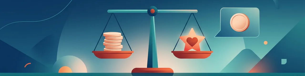 Balkenwaage mit Münzstapel und einem Wert-Symbol, daneben eine Sprechblase mit Münze als Sinnbild für ein Preisgespräch