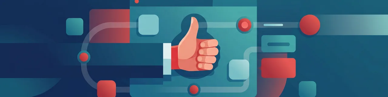 Eine Hand bedient eine klare Webseite mit Daumen-hoch-Geste