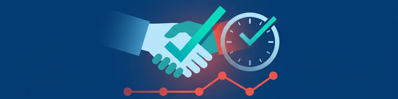 Handschlag mit Haken, eine Uhr als Pünktlichkeits-Symbol und verbundene Punkte als Sinnbild für gehaltene Zusagen