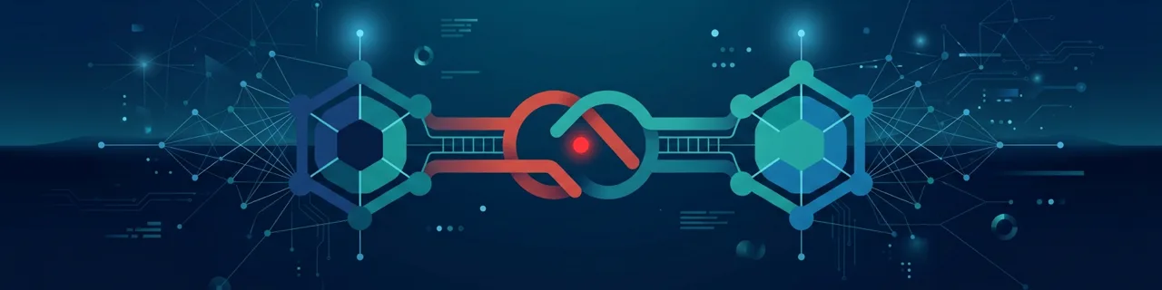 Zwei durch eine Brücke verbundene Knotenpunkte in Blau und Teal als Sinnbild für Vertrauen im Remote-Team