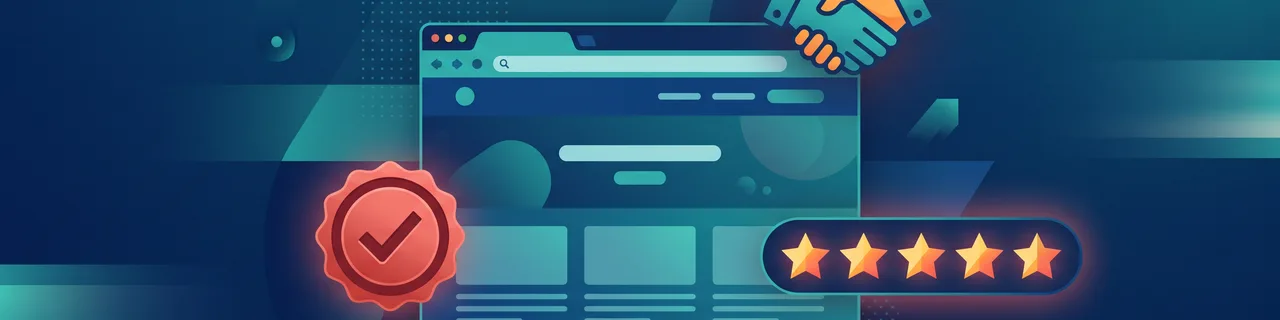 Ein Browser-Fenster mit Gütesiegel, Sterne-Bewertung und Handschlag
