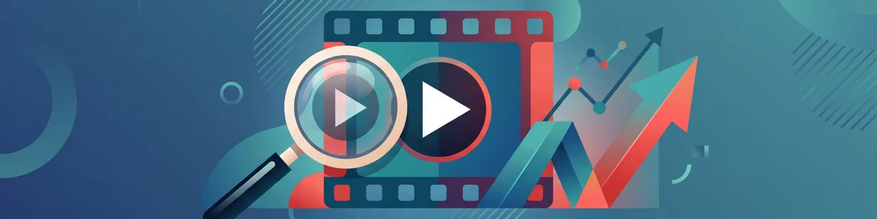 Play-Button auf einem Filmstreifen mit Lupe und steigendem Pfeil
