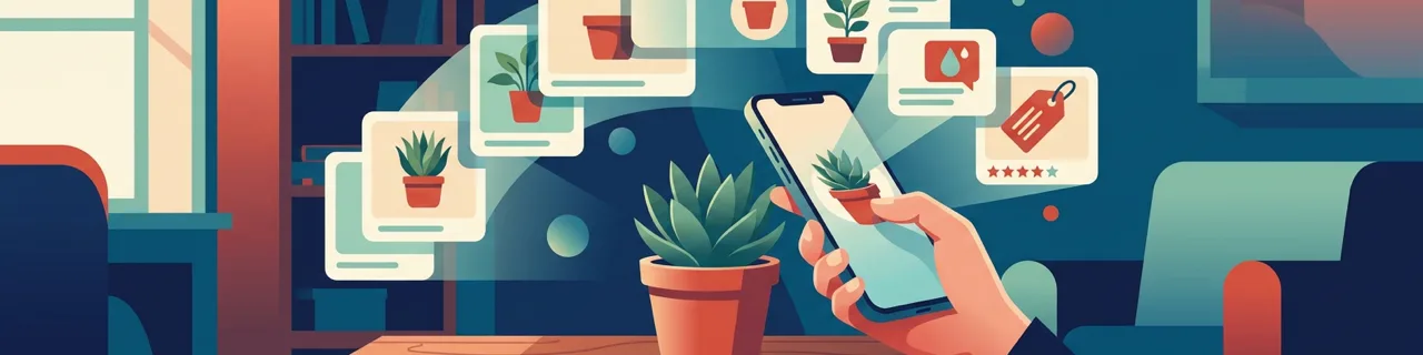 Hand mit Smartphone scannt eine Pflanze zu Suchergebnissen