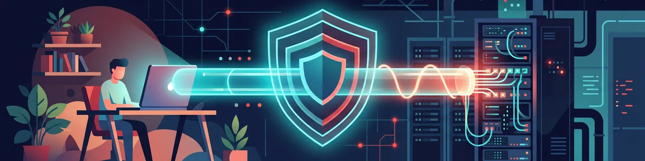 Ein Laptop verbunden über einen geschützten Tunnel mit einem Server, Sinnbild für ein VPN