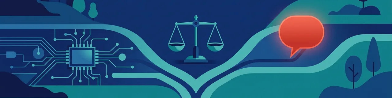 Weggabelung mit Mikrochip und Sprechblase, eine Waage in der Mitte als Symbol für die Wahl zwischen KI und Gespräch