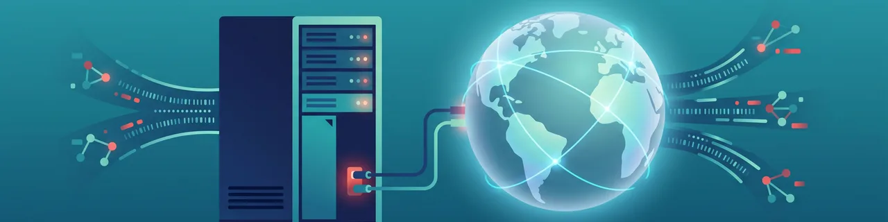 Ein Server-Schrank mit einem Globus und ausströmenden Datenströmen