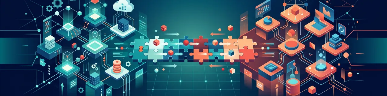 Zwei Systeme verbunden durch ineinandergreifende Puzzleteile mit Datenpaketen