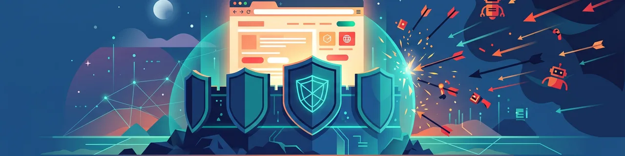 Eine Schutzmauer vor einem Browser-Fenster wehrt Pfeile und Bot-Symbole ab