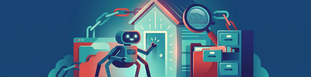Roboter klopft an leuchtende Haustür neben Ordnern, Kette und Lupe