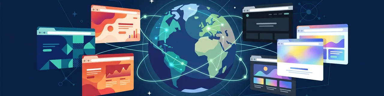 Ein Globus, umgeben von Browser-Fenstern mit unterschiedlichen Layout-Stilen, verbunden durch Linien