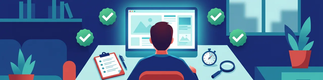Person von hinten vor Monitor mit Webseiten-Layout, umgeben von grünen Häkchen-Plaketten und Stoppuhr