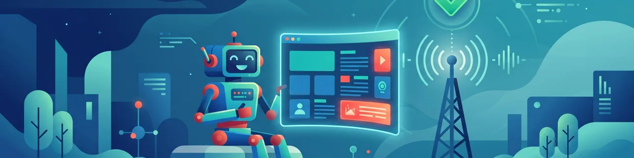 Roboter präsentiert Webseite, deren Inhalte als Funksignal an einen Sendemast strömen