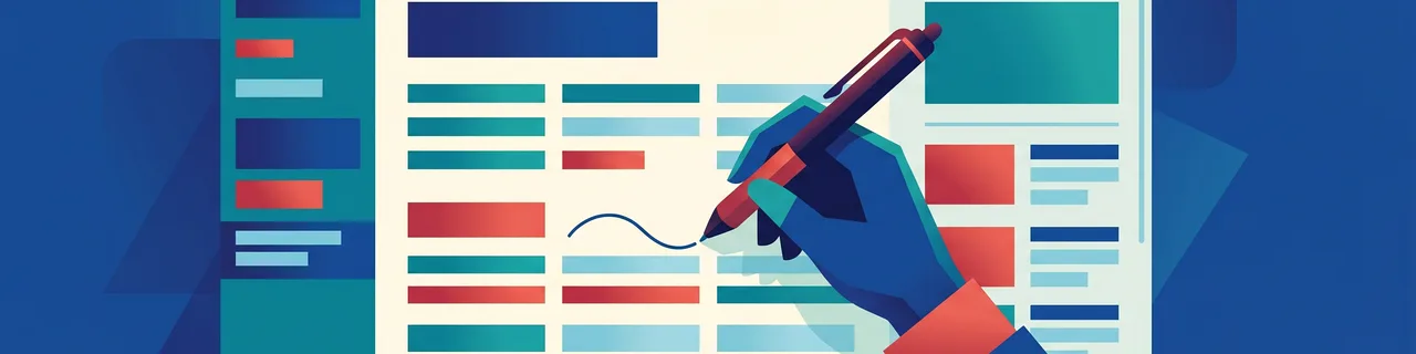 Ein Stift schreibt auf einer Webseite mit klar gegliederten Textblöcken