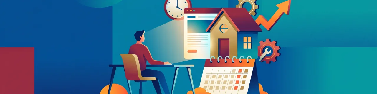 Person am Schreibtisch vor Browserfenster mit Haus, Kalender, Zahnrädern und steigendem Pfeil