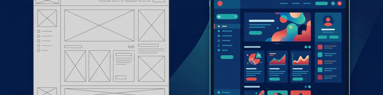 Links eine graue Wireframe-Skizze aus Kästen, rechts das fertige farbige Mockup