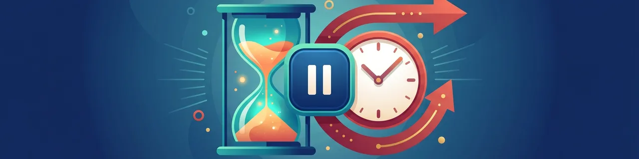 Eine Sanduhr neben einem Pause-Knopf und einer Uhr mit verlängerndem Pfeil